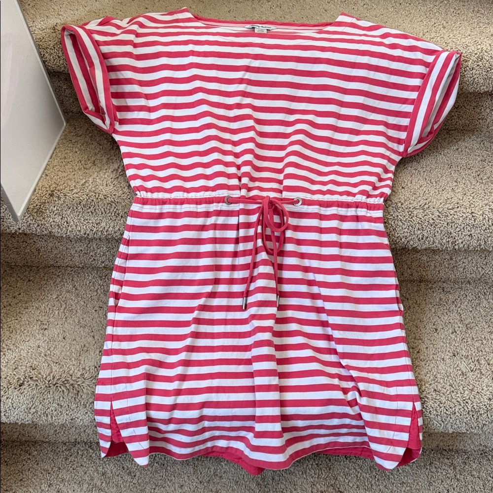 Tommy Bahama Amira Pink and White Stripe Mini Dress
Size Large, Drawstring Waist